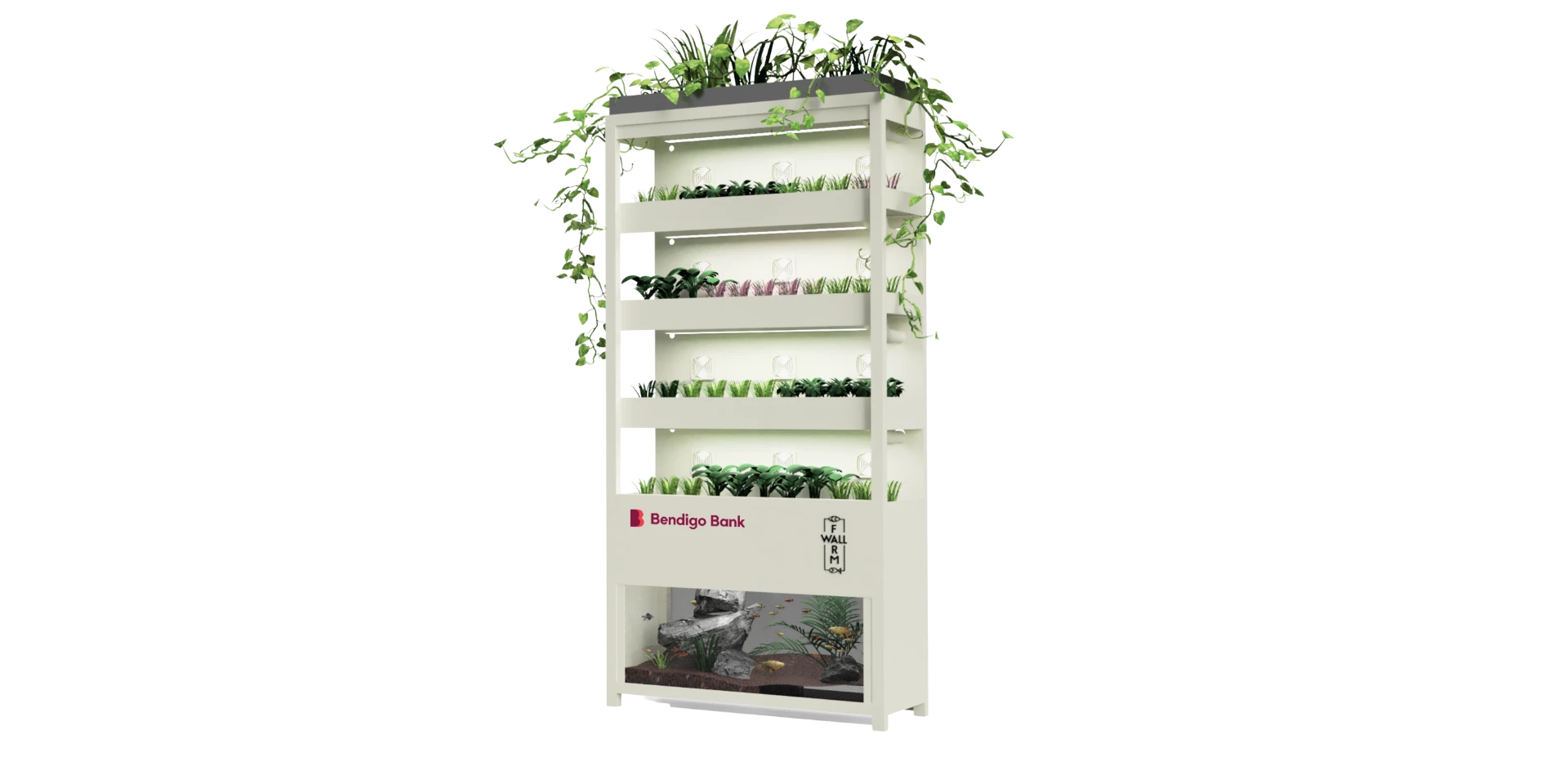 Supplied white Farmwall aquaponic system image with Bendigo Bank and Farmwall branding, illustrative only