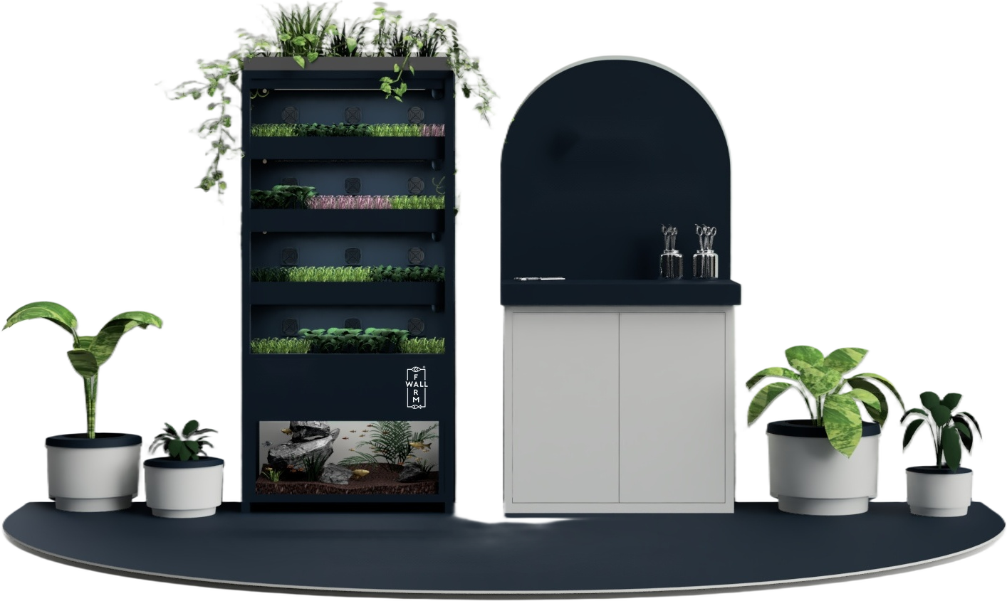 Supplied authentic black four-level Symbio with integrated aquarium and official Farmwall logo, shown on its own without background
